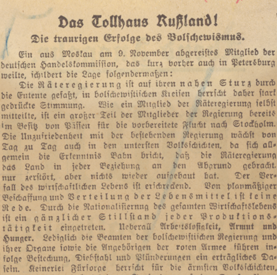Zeitungsartikel über das »Tollhaus Russland« vom 4. Dezember 1918, Quelle: Sächsisches Staatsarchiv, 10702 Staatskanzlei, Nachrichtenstelle Nr. 2163
