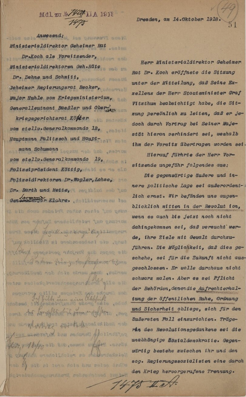 Bericht des Ministerialdirektors Geheimer Rat Dr. Koch vom 14. Oktober 1918, S. 1