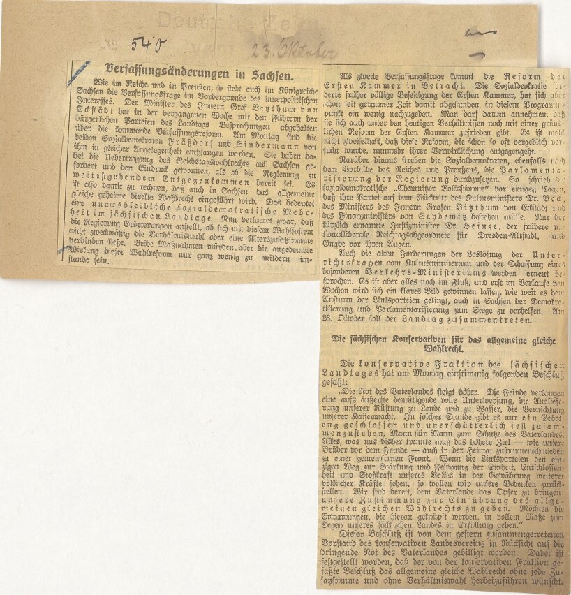 Zeitungsartikel »Verfassungsänderungen in Sachsen« vom 23. Oktober 1918