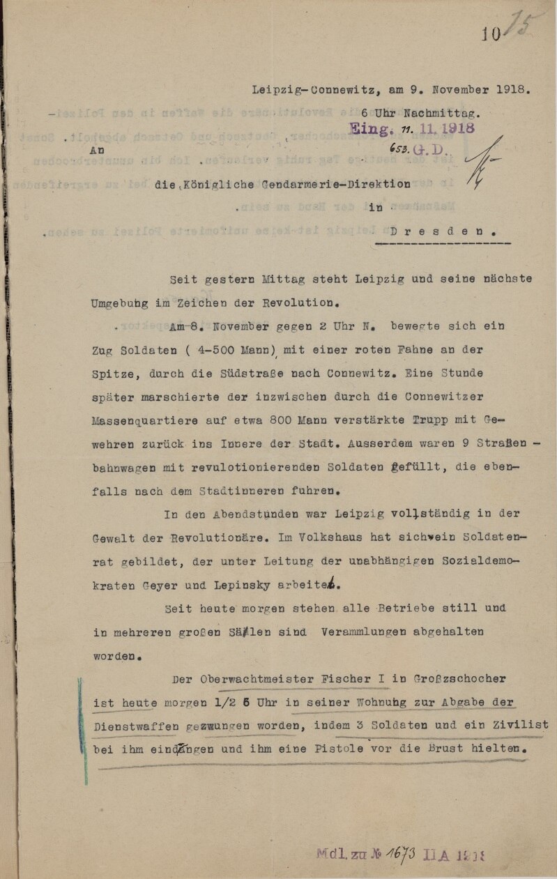 Schreiben des Gendarmerie-Inspektors Krause, Leipzig-Connewitz vom 9. November 1918 an die Königliche Gendarmerie-Direktion in Dresden
