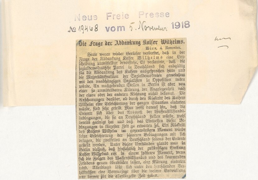 Zeitungsartikel »Die Frage der Abdankung des Kaisers Wilhelms« vom 5. November 1918