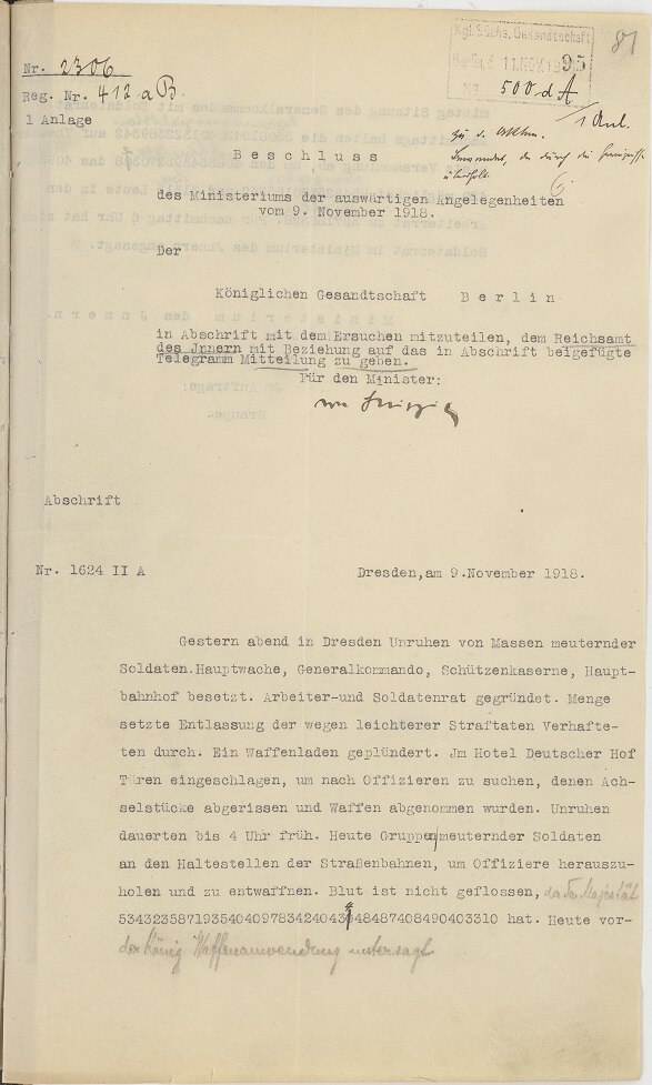 Bericht des Ministeriums des Inneren vom 9. November 1918