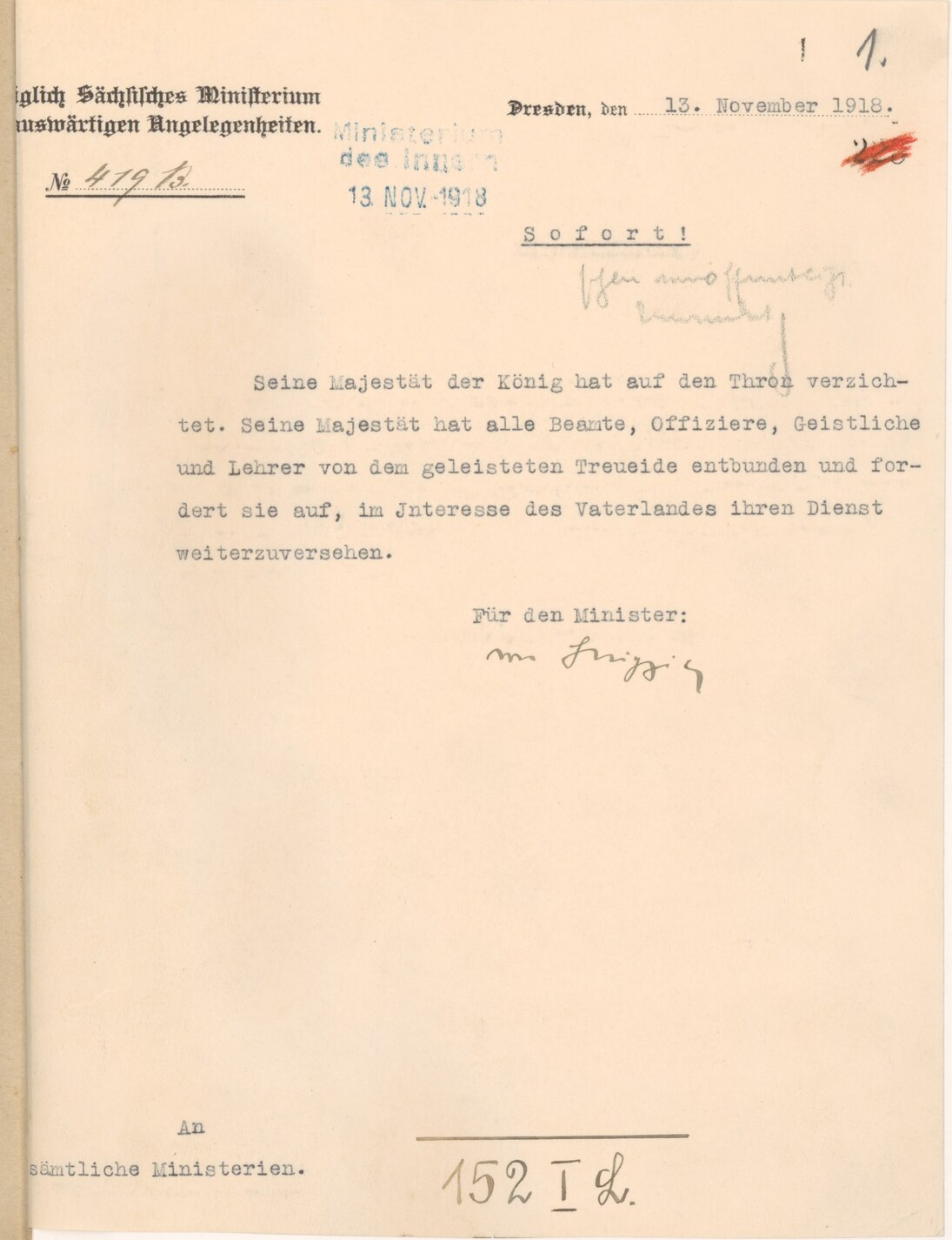 Maschinenschriftliches Schreiben des Königlich Sächsischen Ministeriums für Auswärtige Angelegenheiten vom 13. November 1918