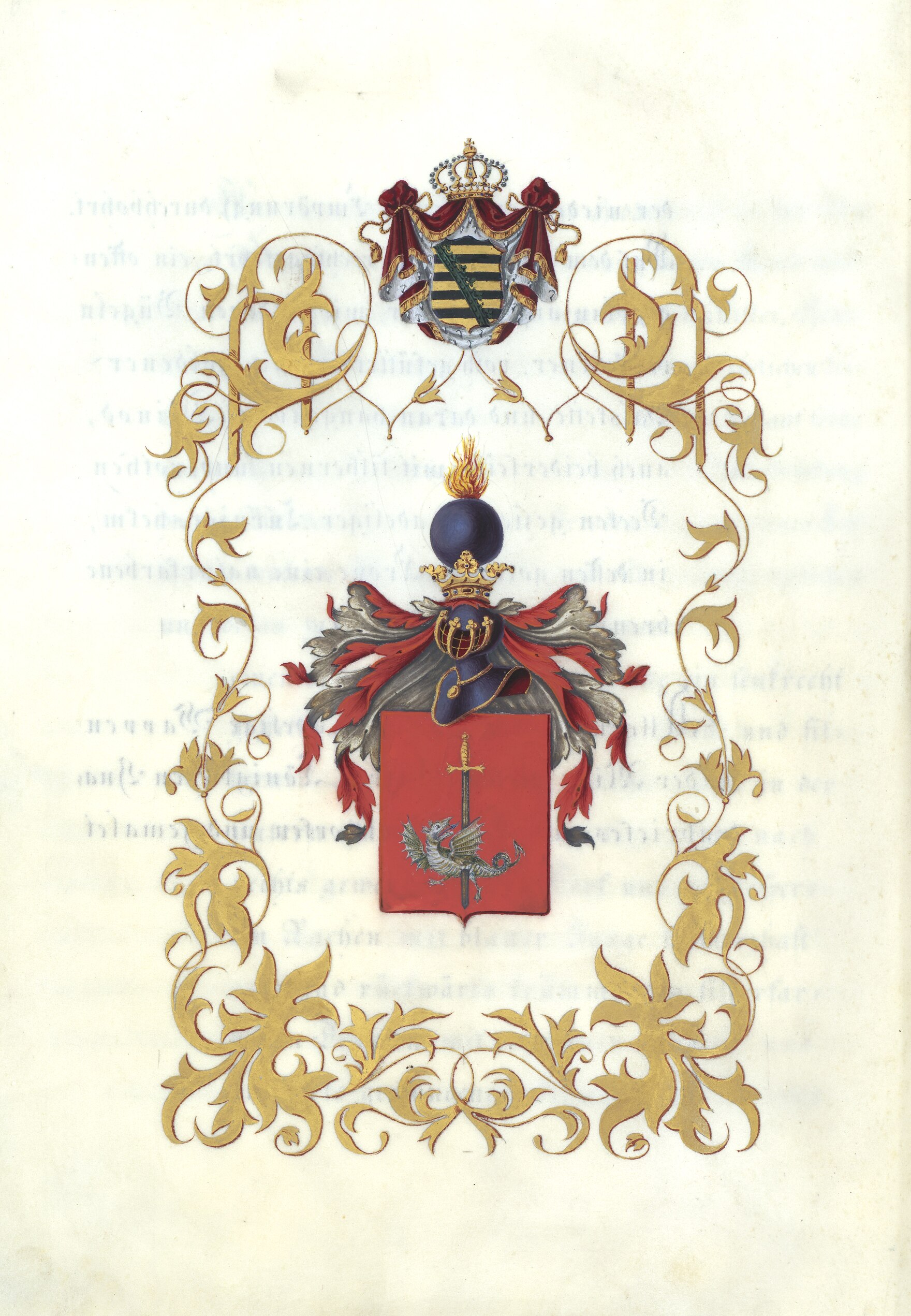 Wappen der Familie von Rabenhorst. Das Wappen zeigt ein rotes Schild, in dessen Mitte ein senkrecht gestelltes Schwert mit goldenem Griffe und silberner Klinge steht. Das Schwert durchbohrt einen in der unteren Hälfte des Schildes liegenden, nach rechts g