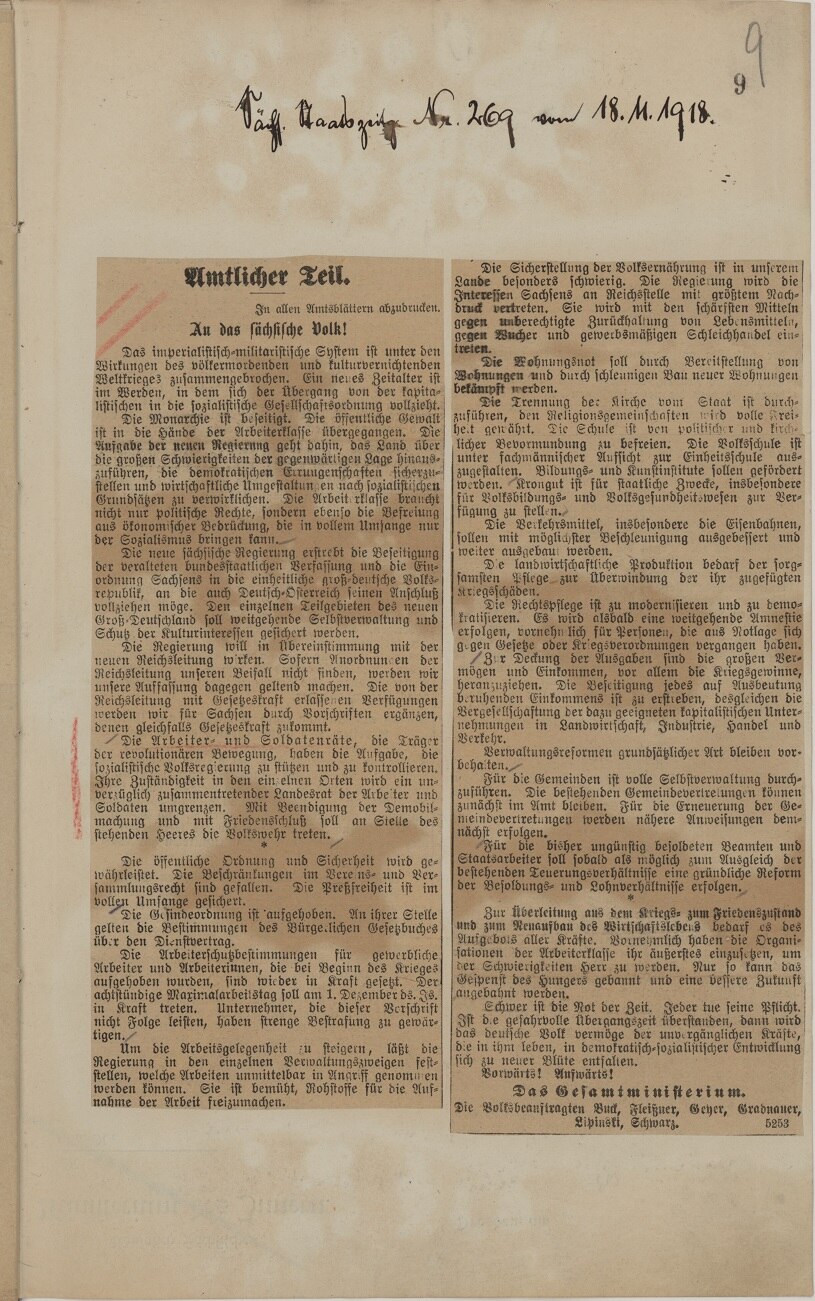 Zeitungsartikel »An das Sächsische Volk« aus der Sächsischen Staatszeitung Nr. 269 vom 18.11.1918