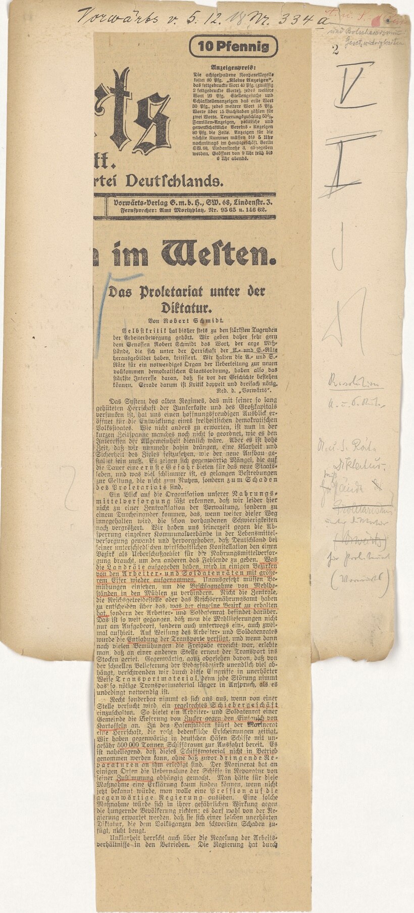 Zeitungsartikel »Das Proletariat unter der Diktatur« vom 5. Dezember 1918