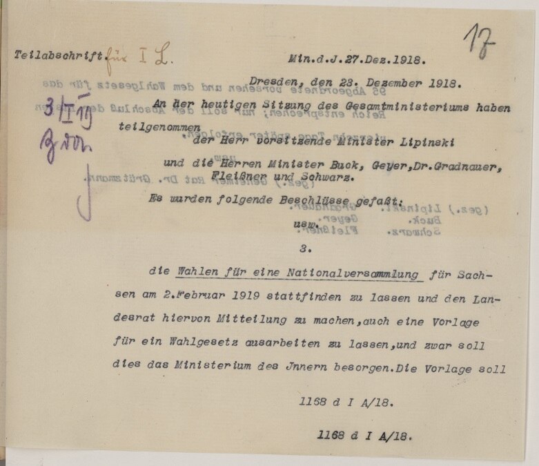 Schreiben des Ministerium des Innern vom 27. Dezember 1918