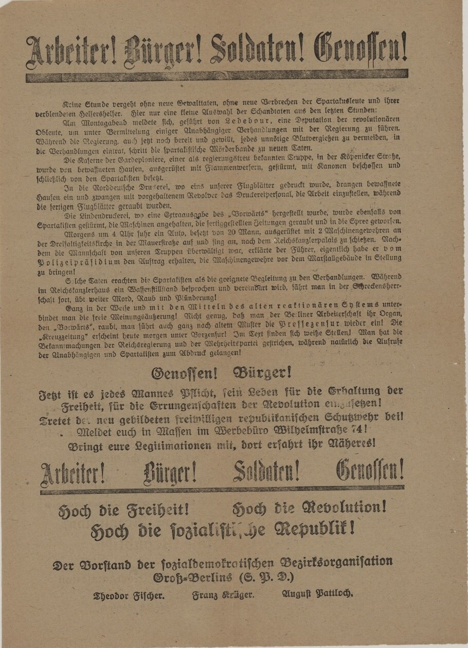 Flugblatt des Vorstands der sozialdemokratischen Bezirksorganisation Groß-Berlins