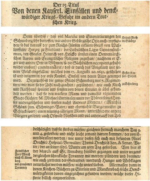 Beschreibung des Einfalls der Holckschen Truppen in Schneeberg 1632 beim Schneebergischen Chronisten Christian Meltzer