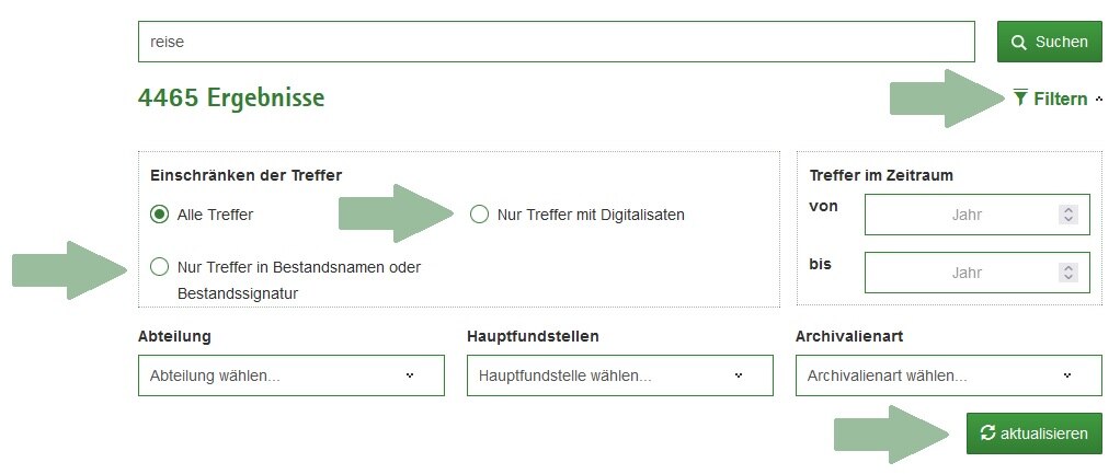 Der Screenshot zeigt ein Beispiel für eine Recherche mit Nachfiltermöglichkeiten.