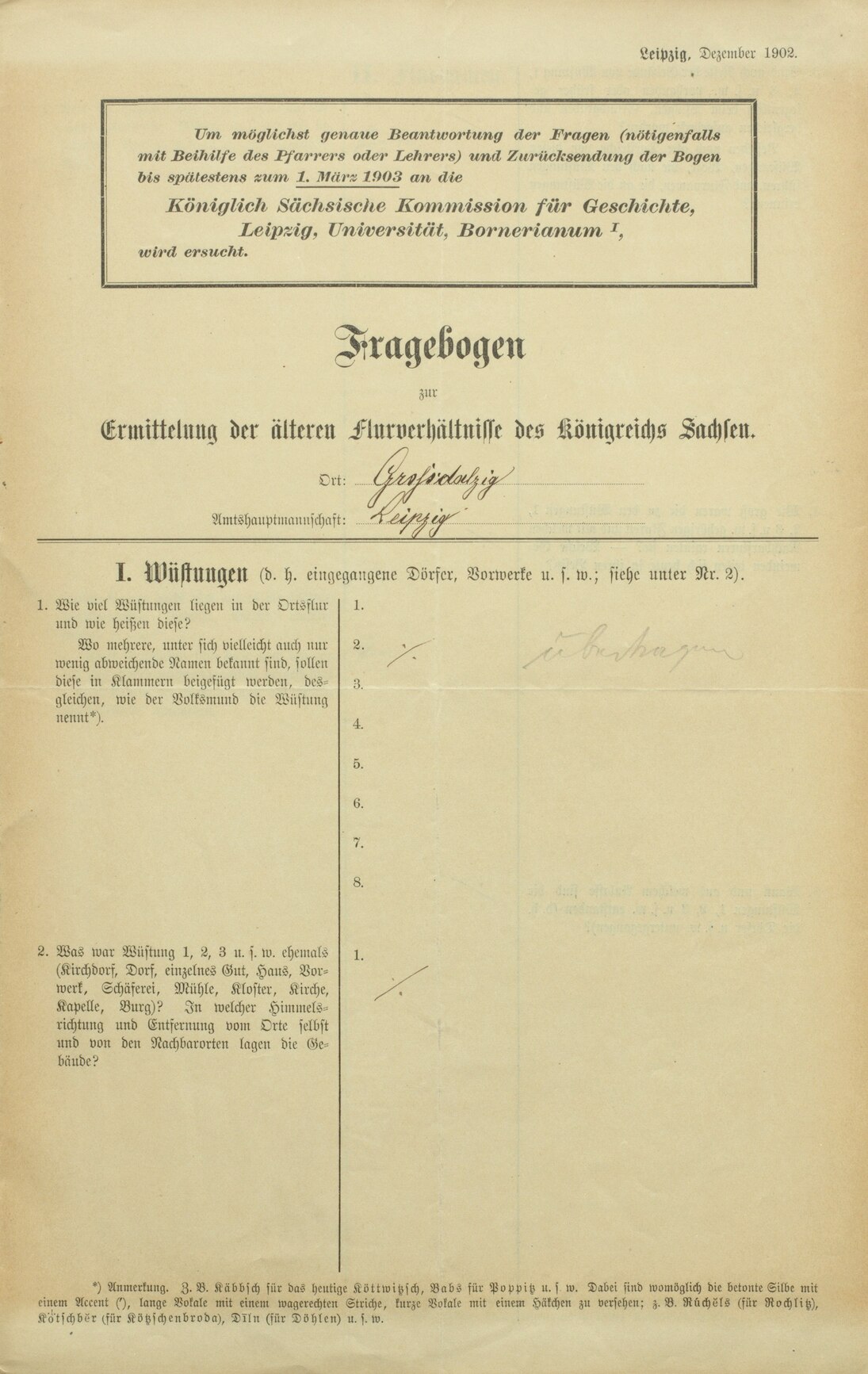 Fragebogen zur Ermittlung der älteren Flurverhältnisse in Sachsen, 1902