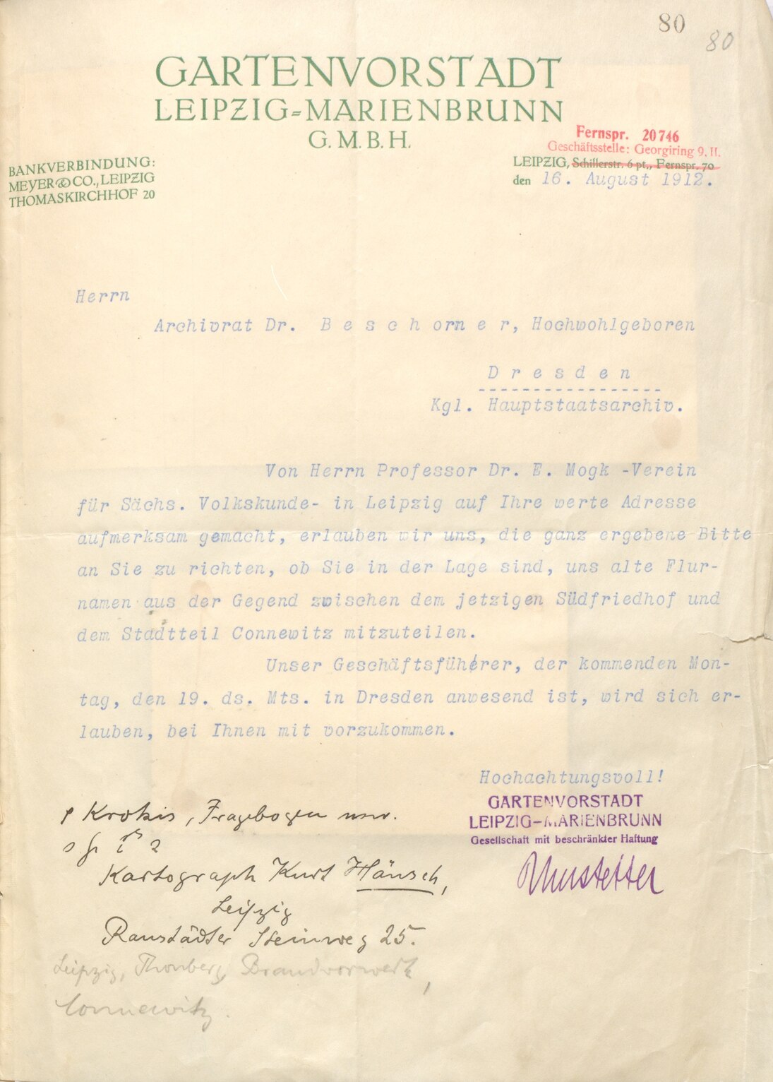 Anfrage der Gartenvorstadt Leipzig-Marienbrunn GmbH, 1912