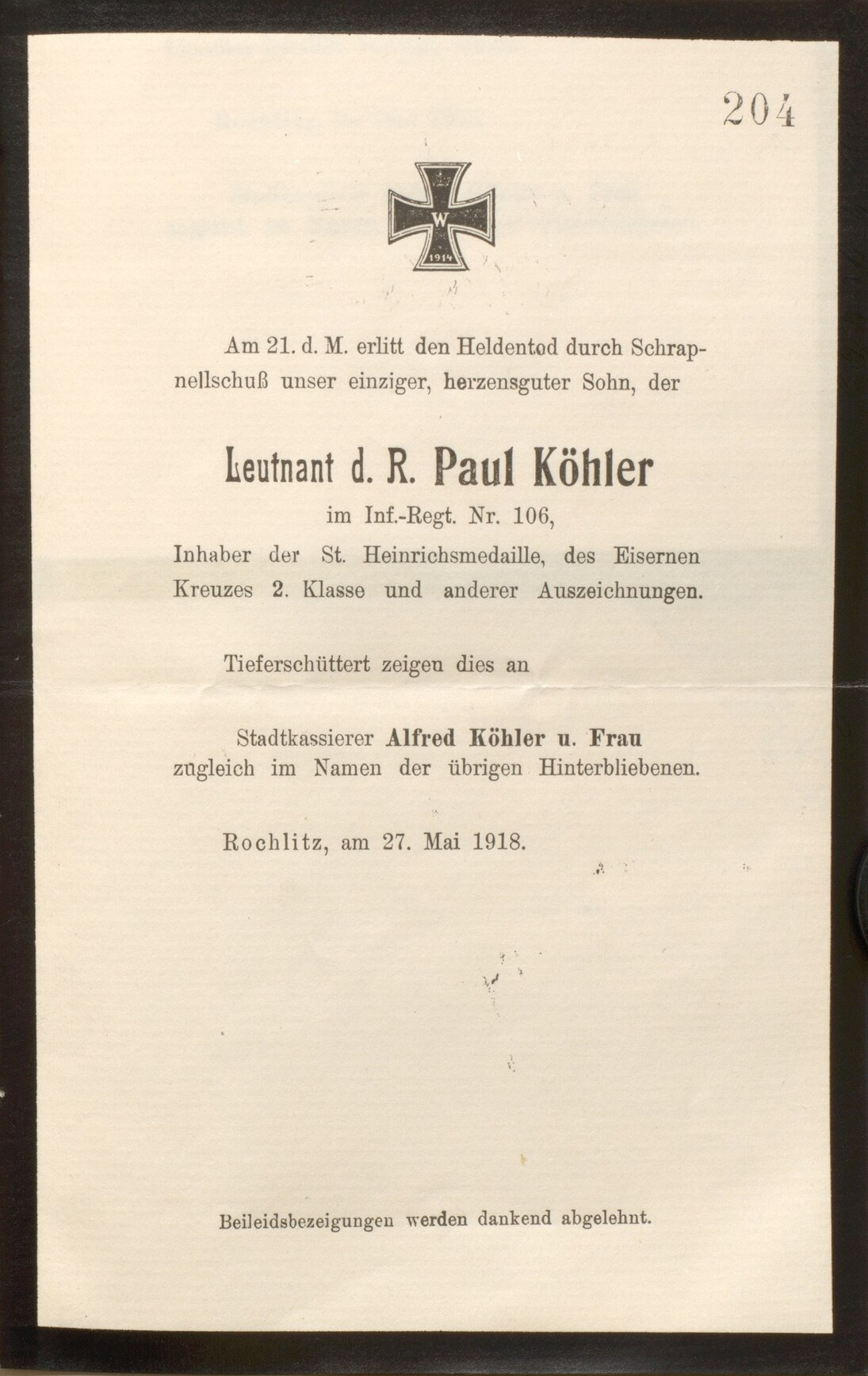 Todesanzeige für den Flurnamensammler Paul Köhler, 1918