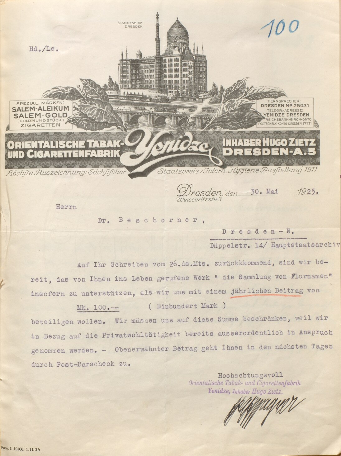 Spende der Orientalischen Tabak- und Cigarettenfabrik Yenidze, 1925