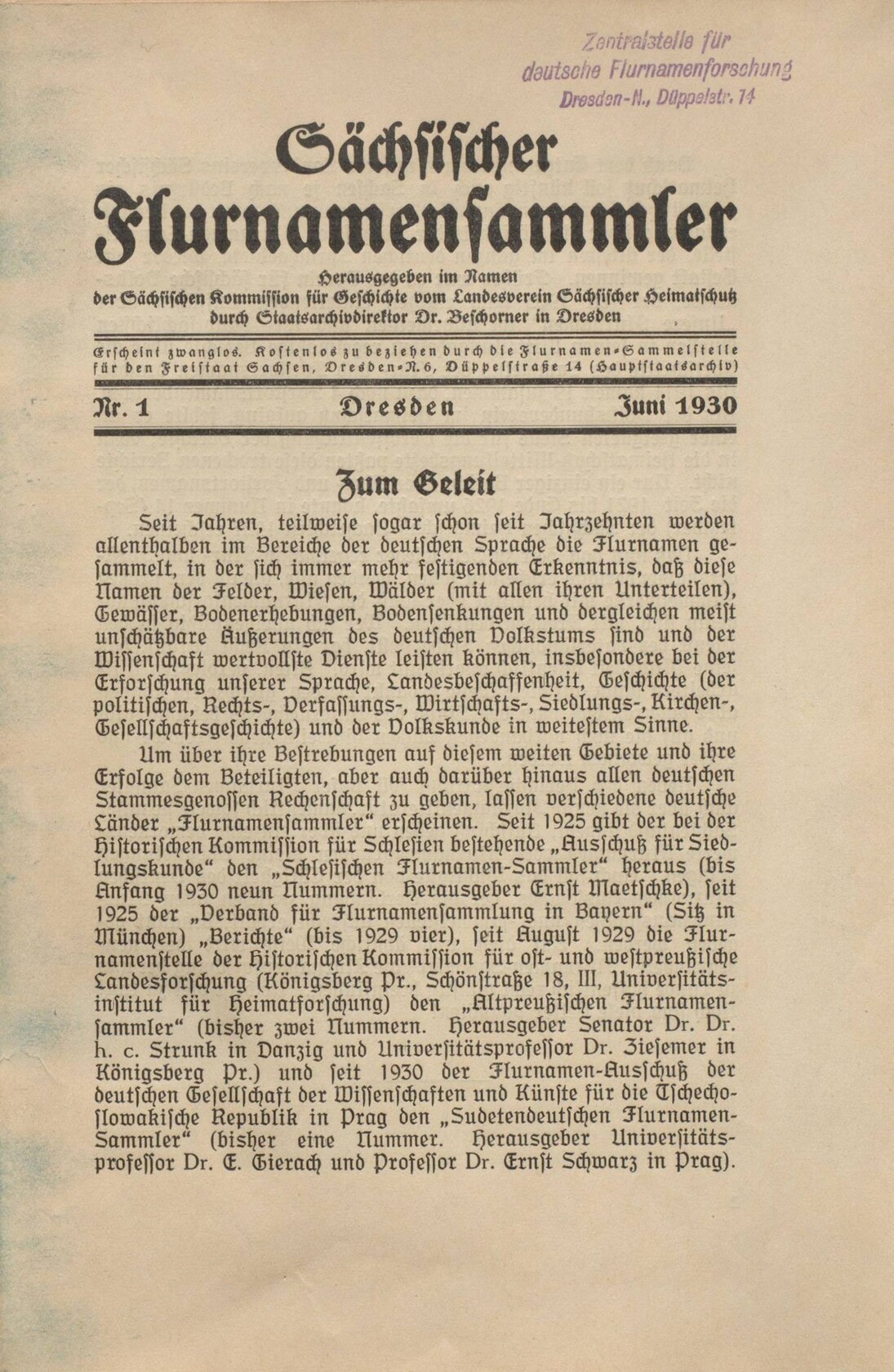 Erste Ausgabe der Zeitschrift „Sächsischer Flurnamensammler“, 1930