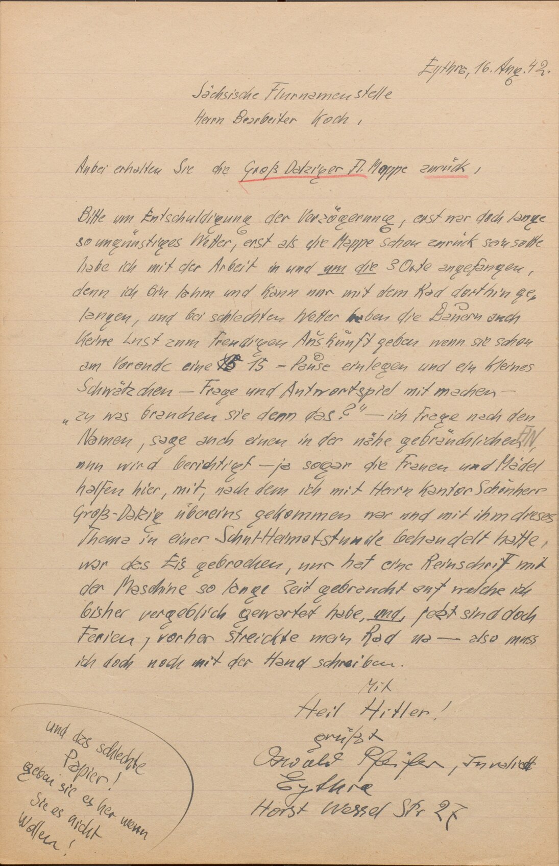 Bericht des Flurnamensammlers Oswald Pfeifer aus Eythra, 1942