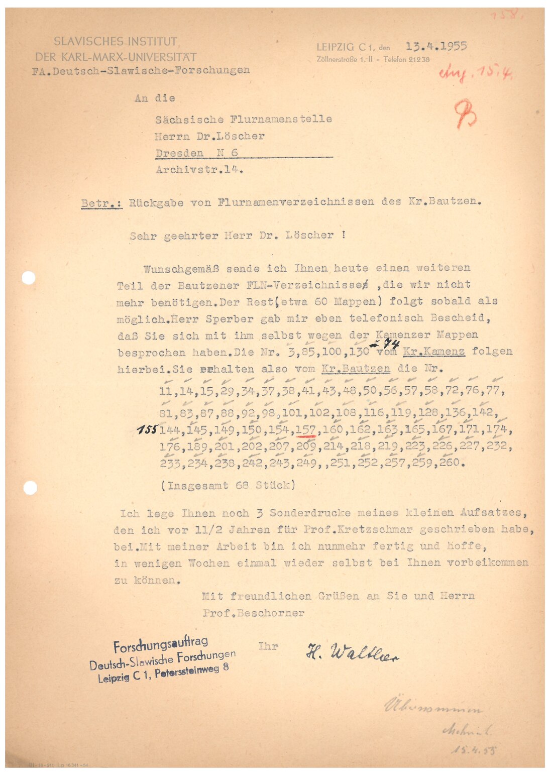 alt="Rückgabe von ausgeliehenen Flurnamenverzeichnissen, 1955"