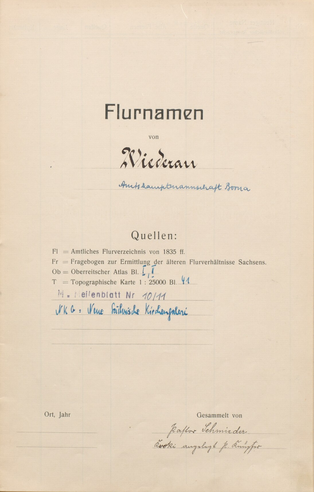 Flurnamenverzeichnis von Wiederau (bei Pegau), 1902 - 1954 (Deckblatt)