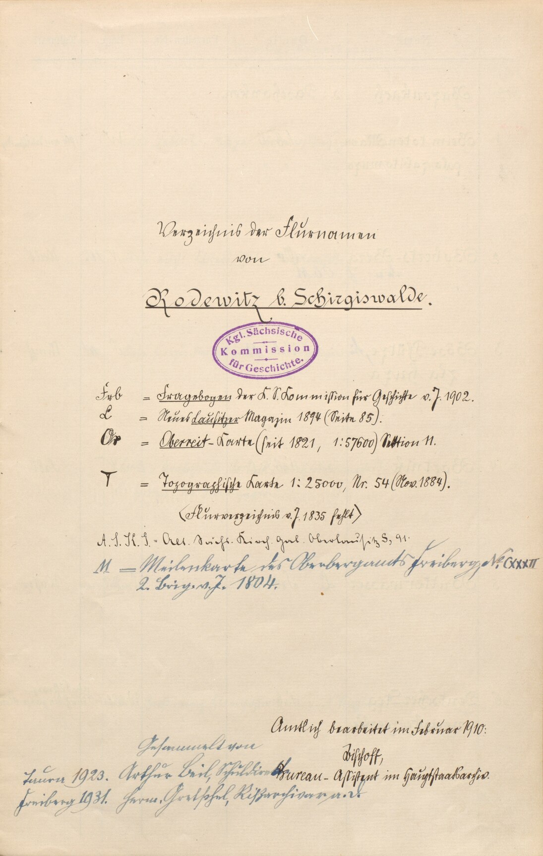 Flurnamenverzeichnis von Rodewitz/Spree, 1902 - 1931 (Deckblatt)
