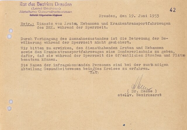 Forderung des stellvertretenden Bezirksarztes Dr. Hesse vom 19. Juni 1953 nach Sondergenehmigungen für medizinisches Personal