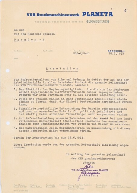 Resolution der Belegschaft des VEB Druckmaschinenwerk PLANETA, Radebeul vom 18. Juni 1953 an den Rat des Bezirkes Dresden