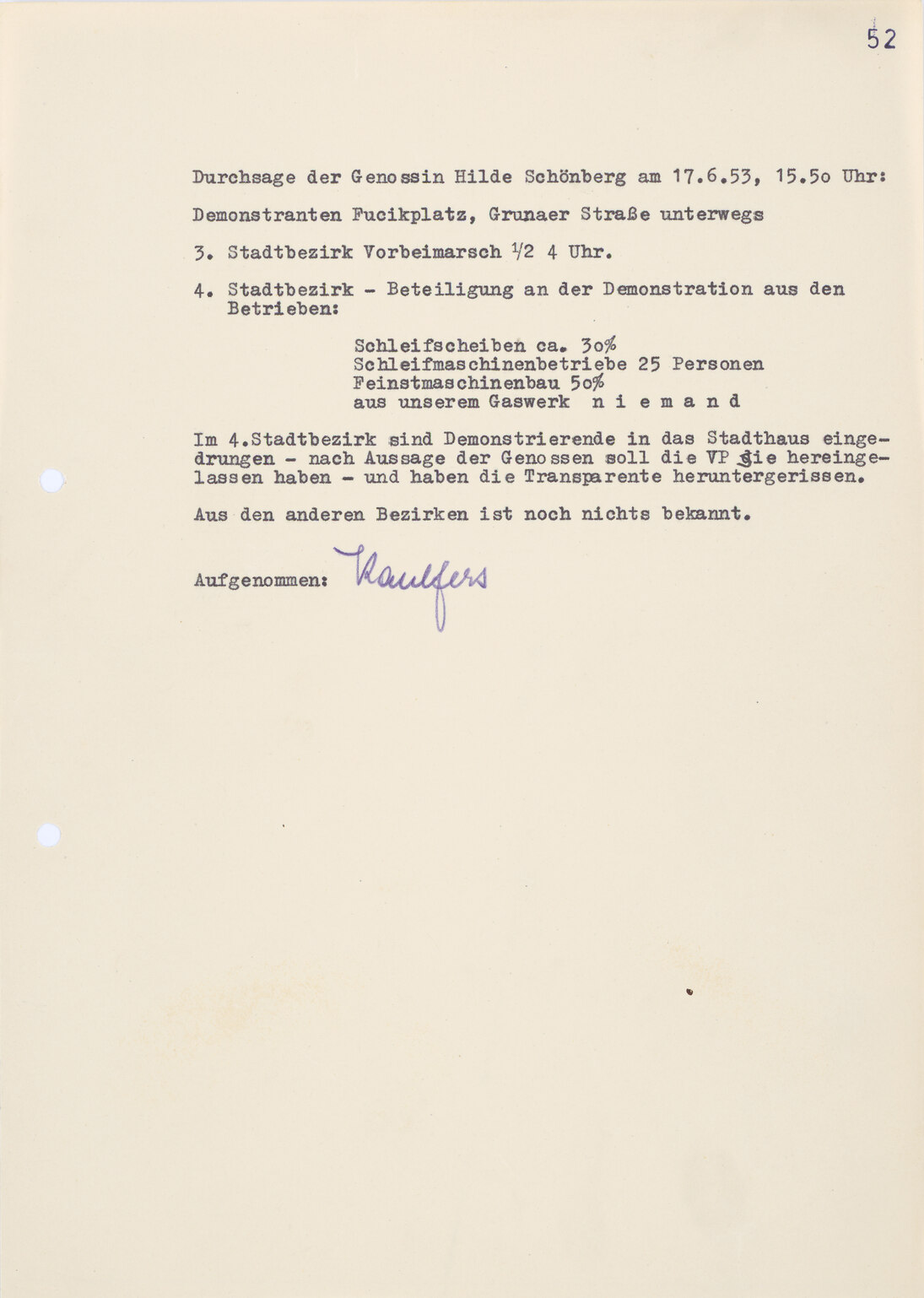 Bericht der SED-Angehörigen Hilde Schönberg über den Zug der Demonstranten am 17. Juni 1953