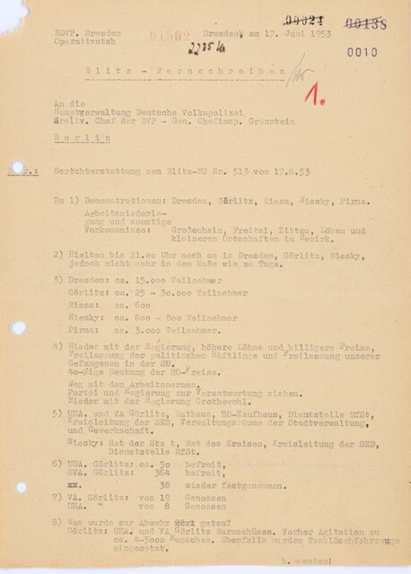 Blitzfernschreiben der Bezirksbehörde der Volkspolizei Dresden an die Hauptverwaltung der Deutschen Volkspolizei vom Abend des 17. Juni 1953 mit Kurzinformationen über die Tagesereignisse im Bezirk.