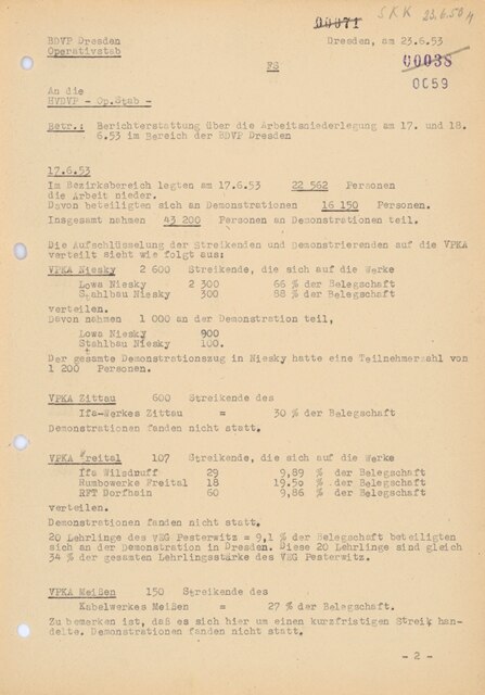 Fernschreiben der Bezirksbehörde Dresden an die Hauptverwaltung der Deutschen Volkspolizei vom 23. Juni 1953 über die Arbeitsniederlegungen im Bezirk Dresden am 17. Juni 1953