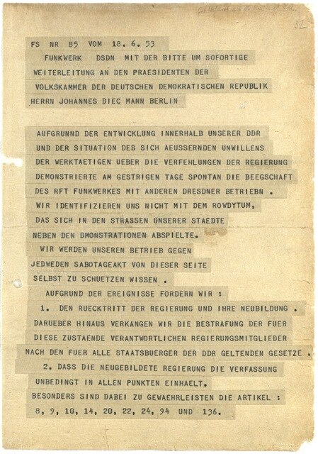 Fernschreiben der Belegschaft des RFT-Funkwerkes Dresden vom 18. Juni 1953 an den Volkskammerpräsidenten, Seite 1