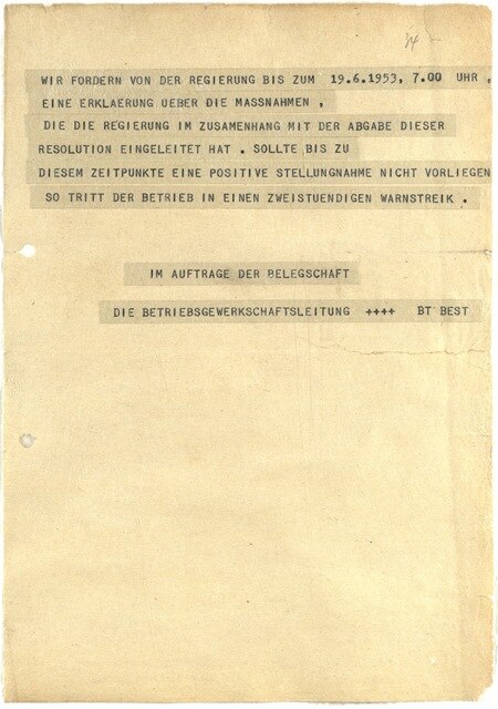 Fernschreiben der Belegschaft des RFT-Funkwerkes Dresden vom 18. Juni 1953 an den Volkskammerpräsidenten, Seite 3
