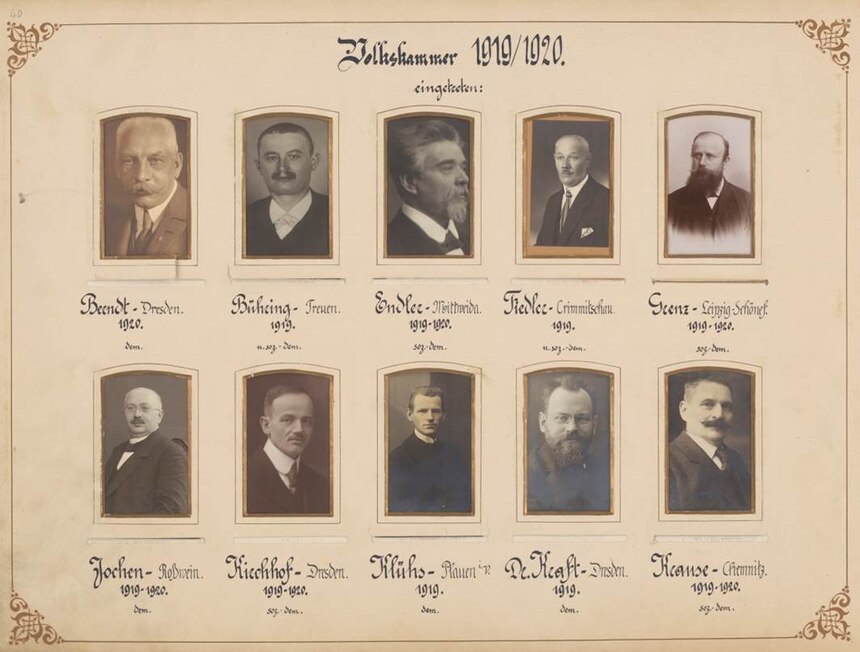 Fotos von Abgeordneten der Volkskammer 1919/1920; Quelle: Sächsisches Staatsarchiv, 10692 Ständeversammlung des Königreichs Sachsen, Nr. 16170 (Fotoalbum, Ausschnitt).