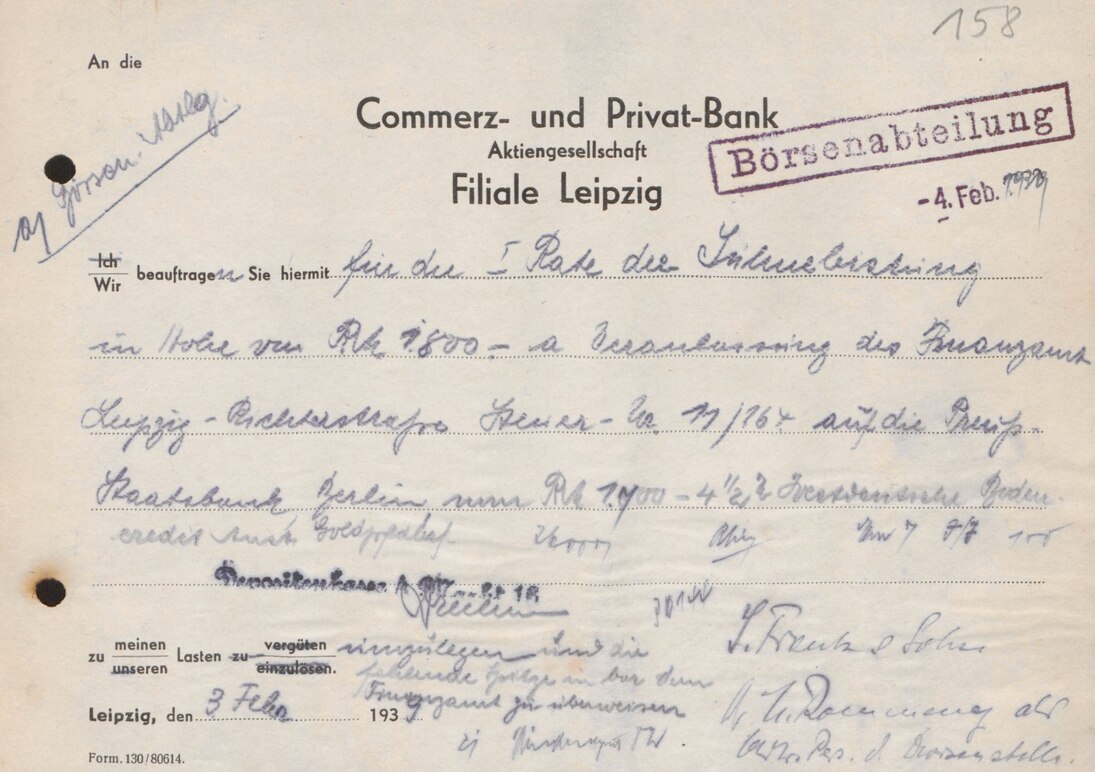 Einnahme der Sühneleistung, 1. Rate, von Hedwig Frank durch die Commerzbank Leipzig, 4. Februar 1939 (SächsStA-L, 21016 Commerzbank, Filiale Leipzig, Nr. 78)