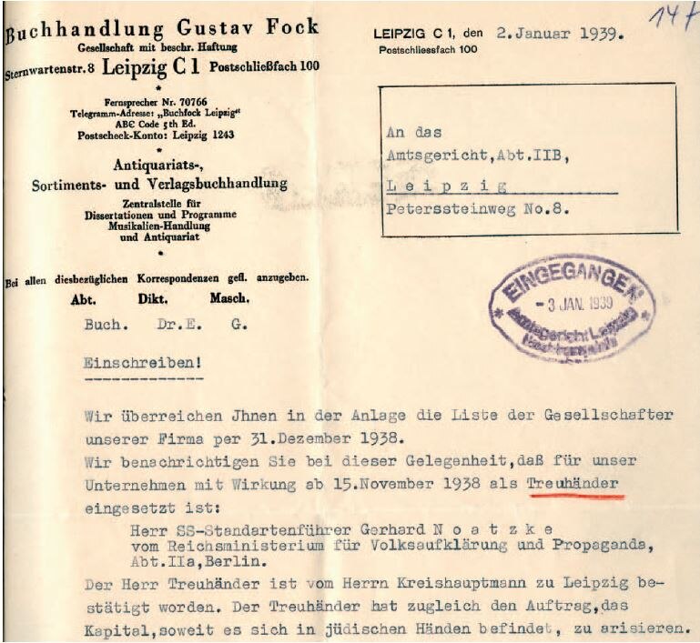 Einsetzung eines »arischen« Treuhänders für die Buchhandlung Gustav Fock, 2. Januar 1939 (SächsStA-L, 20124 Amtsgericht Leipzig, Nr. HRB 379)
