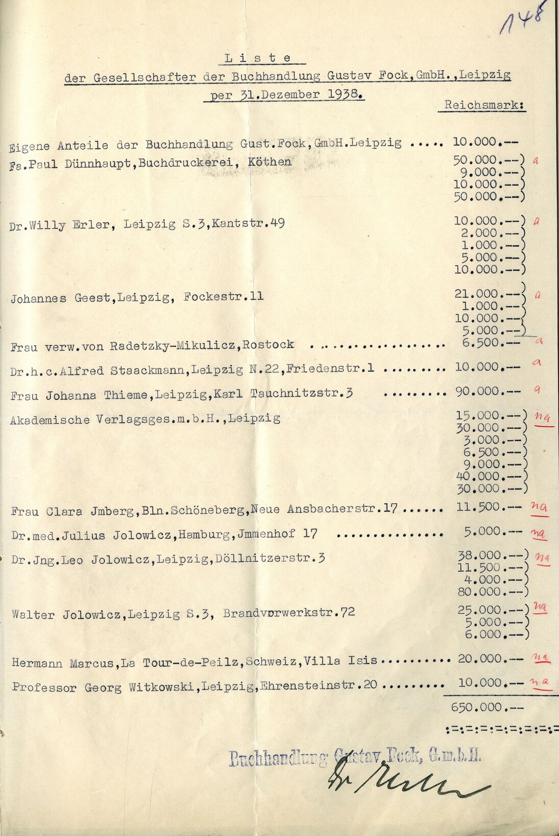 Liste der Gesellschafter mit Kennzeichnung »arischer« und »nichtarischer« Anteilseigner, 2. Januar 1939 (SächsStA-L, 20124 Amtsgericht Leipzig, Nr. HRB 379)