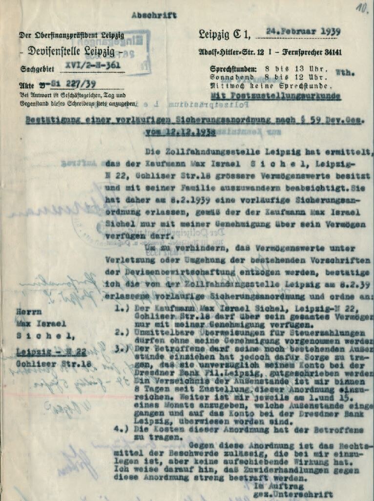 Sicherungsanordnung über das Vermögen von Max Sichel wegen Verdachts auf Auswanderung, 24. Februar 1939 (SächsStA-L, 20031 Polizeipräsidium Leipzig, Nr. PP-S 3596)