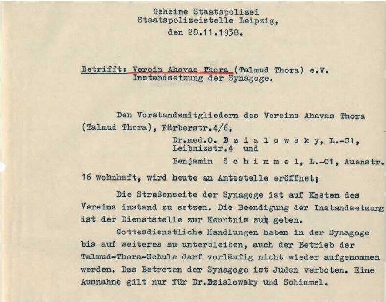 Instandsetzung der Synagoge Talmud Thora auf Kosten der jüdischen Gemeinde, 28. November 1938 (SächsStA-L, 20031 Polizeipräsidium Leipzig, Nr. PP-V 4406)