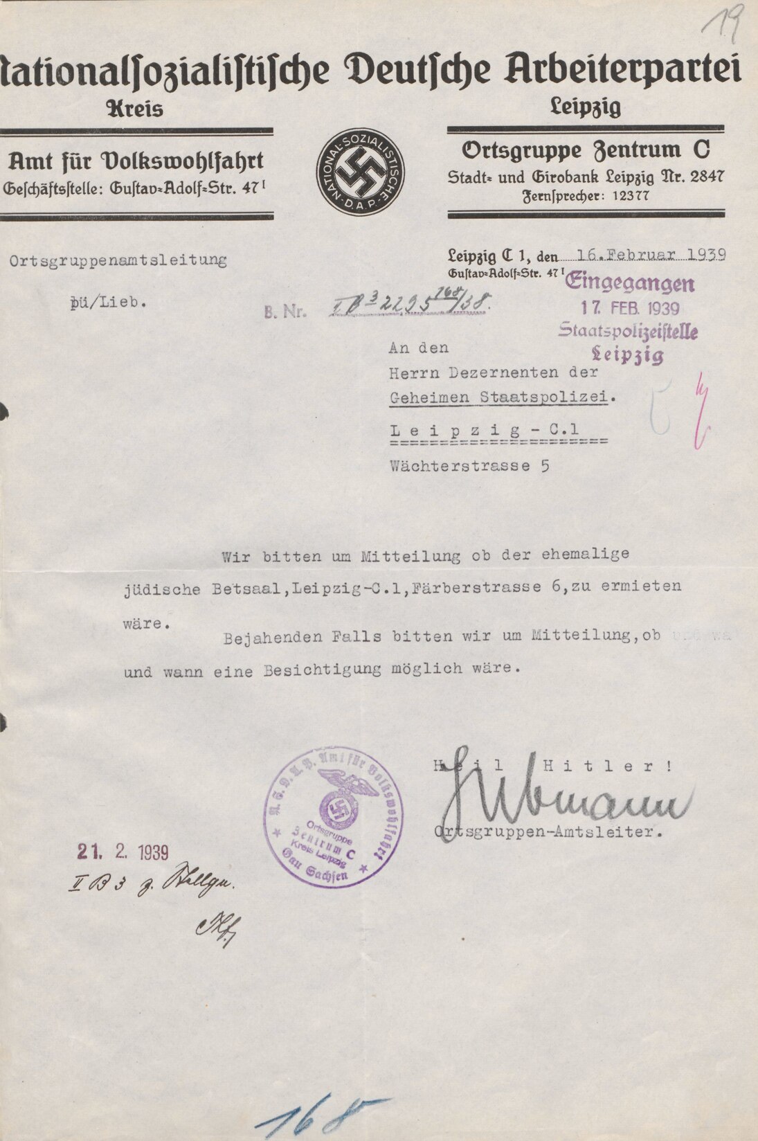 Beabsichtigte Nutzung der jüdischen Vereinsräume durch die NSDAP, 16. Februar 1939 (SächsStA-L, 20031 Polizeipräsidium Leipzig, Nr. PP-V 4406)