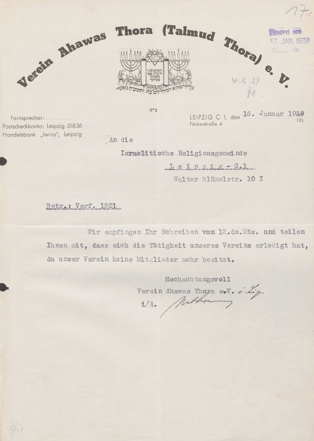 Mitteilung über das Ende der Vereinstätigkeit, 16. Januar 1939 (SächsStA-L, 20031 Polizeipräsidium Leipzig, Nr. PP-V 4406)