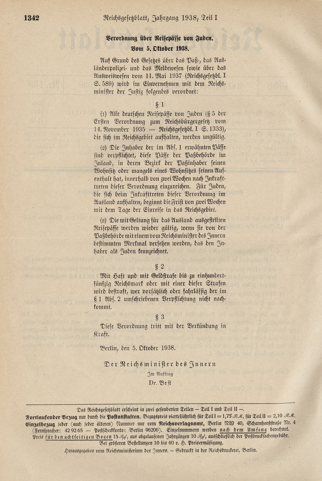 Verordnung über Reisepässe von Juden, 5. Oktober 1938. Reichsgesetzblatt Teil I, 1938, S. 1342