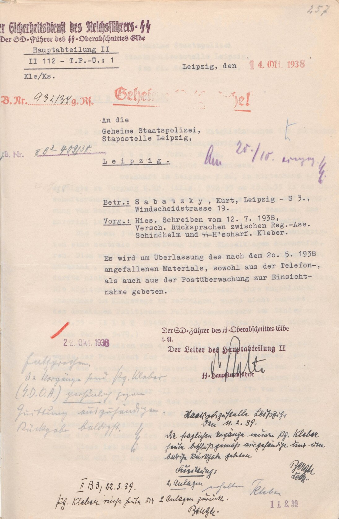 Anordnung der Postüberwachung von Kurt Sabatzky,Syndikus des Jüdischen Centralvereins e. V.,durch den SD/Reichsführer SS, 14. Oktober 1938 (SächsStA-L, 20031 Polizeipräsidium Leipzig, Nr. PP-V 5007)