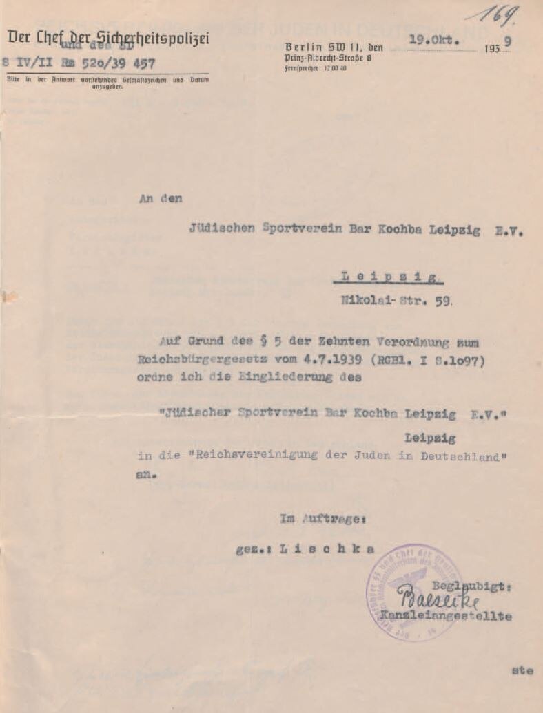 Anordnung zur Eingliederung des Jüdischen Sportvereins Bar Kochba e. V. in die Reichsvereinigung 19. Oktober 1939 (SächsStA-L, 20031 Polizeipräsidium Leipzig, Nr. PP-V 947)