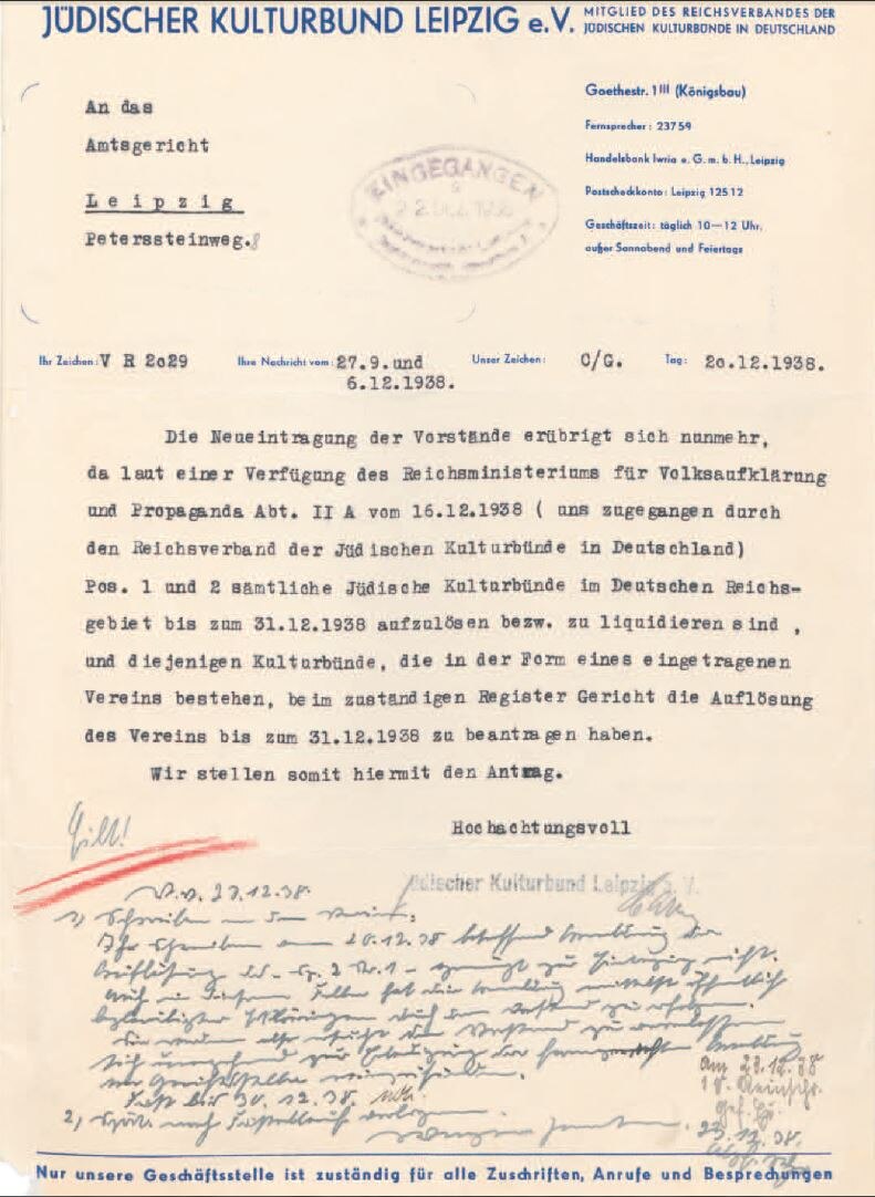 Mitteilung an das Amtsgericht Leipzig über die Auflösung der jüdischen Kulturbünde zum Jahresende 1938, 20. Dezember 1938 (SächStA-L, 20031 Polizeipräsidium Leipzig, Nr. PP-V 2177)
