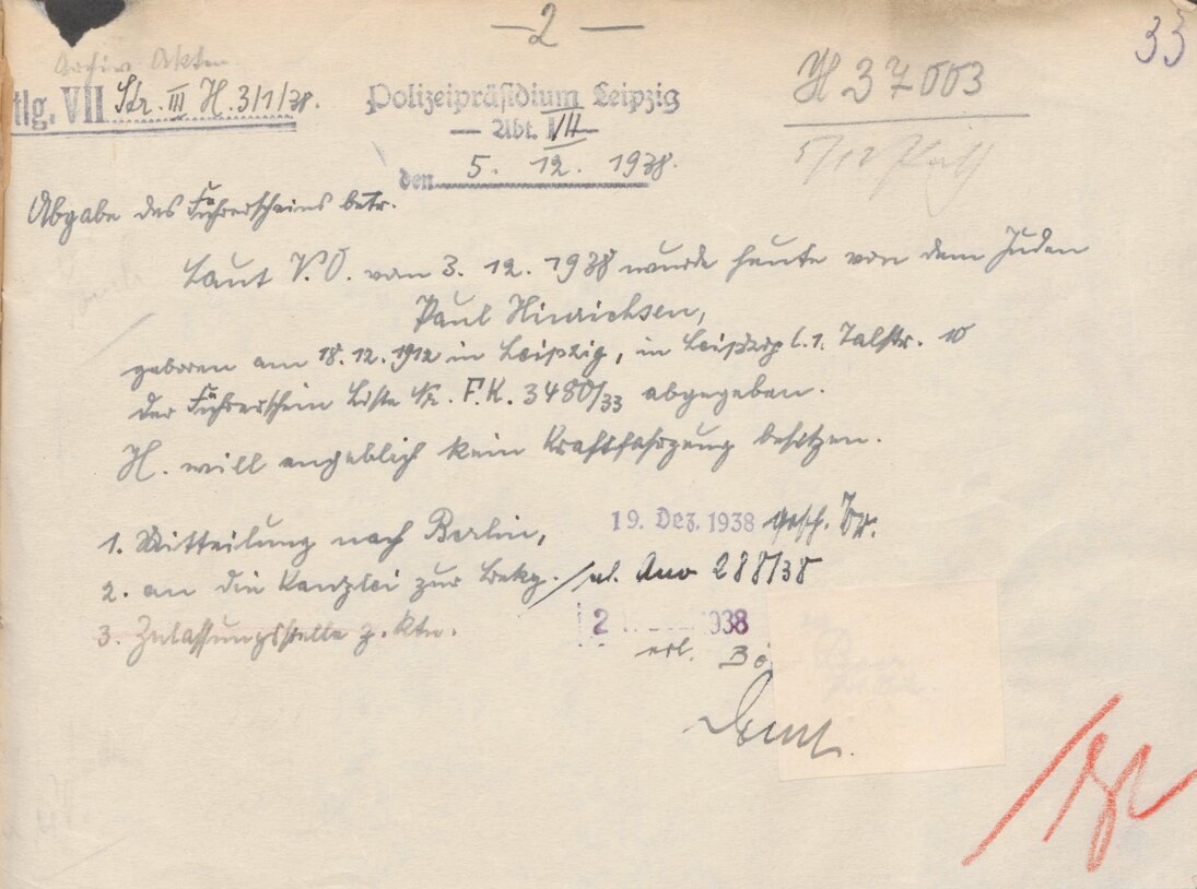 Einziehung des Führerscheins von Paul Hinrichsen, Sohn des Musikverlegers Henri Hinrichsen, 5. Dezember 1938 (SächsStA-L, Polizeipräsidium Leipzig, Nr. PP-S 1190)