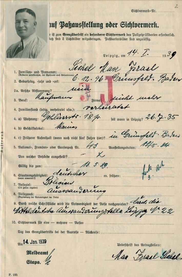  Passantrag zur Auswanderung des Kaufmanns Max Sichel, 14. Januar 1939 (SächsStA-L, 20031 Polizeipräsidium Leipzig, Nr. PP-S 3596)