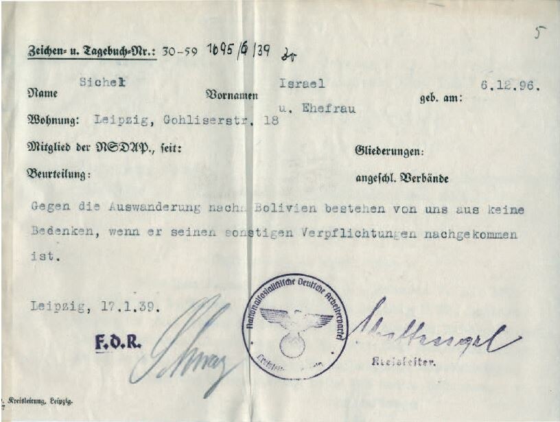 Zustimmung der NSDAP-Kreisleitung zur Auswanderung des Kaufmanns Max Sichel, 17. Januar 1939 (SächsStA-L, 20031 Polizeipräsidium Leipzig, Nr. PP-S 3596)