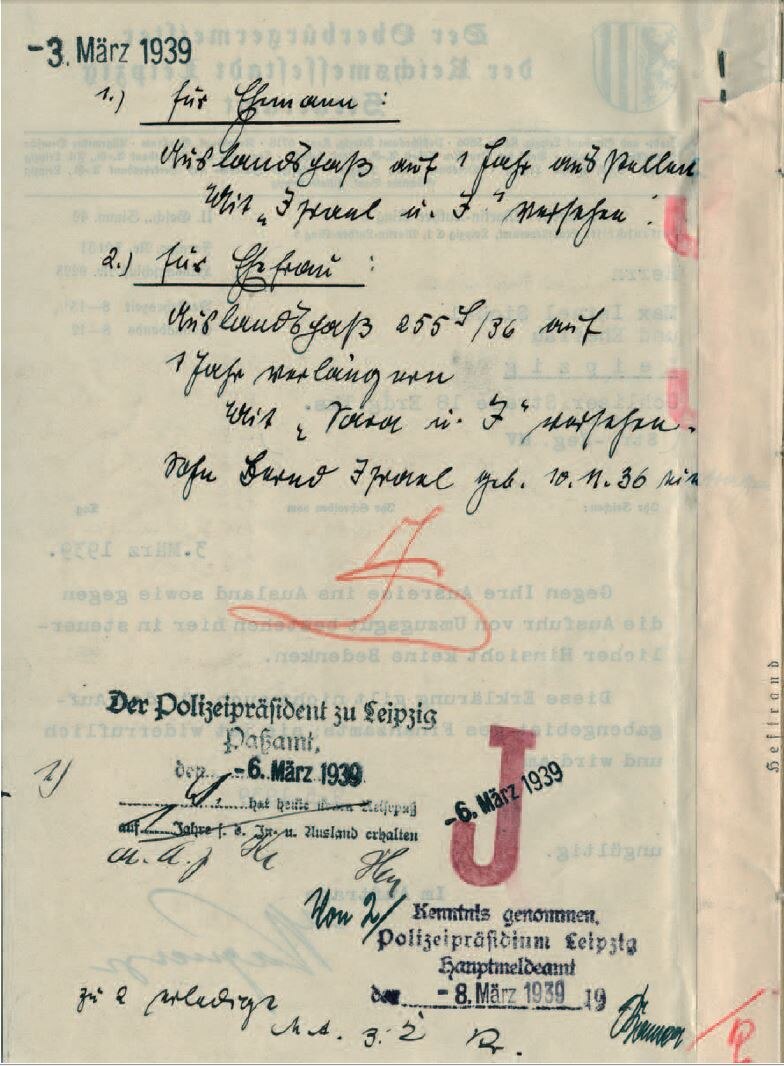 Genehmigung zur Passausstellung bzw. -verlängerung von Kaufmann Max Sichel und seiner Frau, 3. März 1939 (SächsStA-L, 20031 Polizeipräsidium Leipzig, Nr. PP-S 3596)