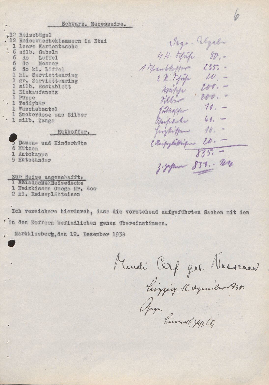 Umzugsgutverzeichnis von Mindi Cerf (S. 1 und 6) mit Berechnung der »Dego-Abgabe«, 16. Dezember 1938 (SächsStA-L, 20206 Oberfinanzpräsident Leipzig, Nr. 165)