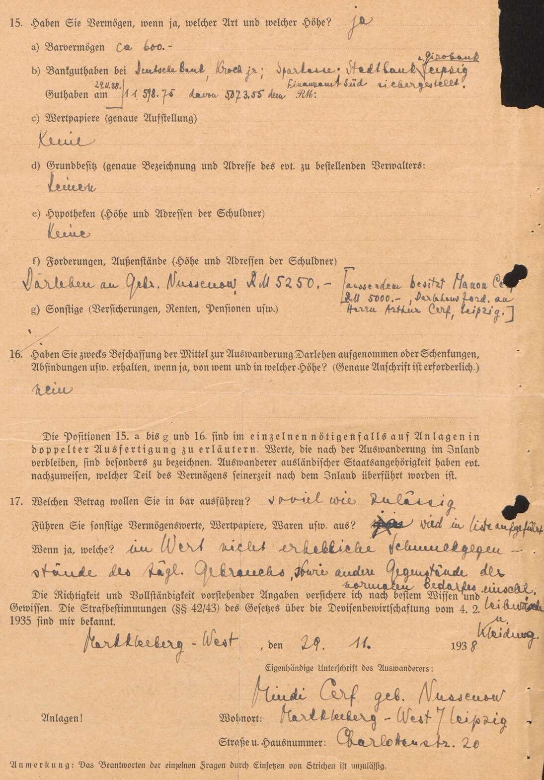 Fragebogen zur Auswanderung von Mindi Cerf und ihrer Tochter für die Finanzbehörden, 29. November 1938 (Rückseite) (SächsStA-L, 20206 Oberfinanzpräsident Leipzig, Nr. 165)