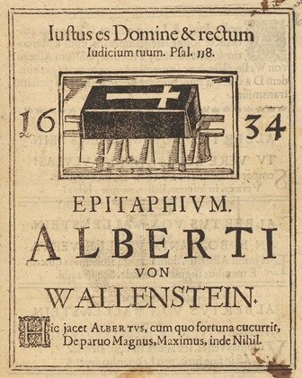 Bild: Titelblatt einer kleinen Druckschrift mit fingierten abwertenden Grabinschriften für Wallenstein in Form von Anagrammen (Quelle: SächsStA-D, 10024 Geheimer Rat (Geheimes Archiv), Loc. 08312/17, Bl. 6)